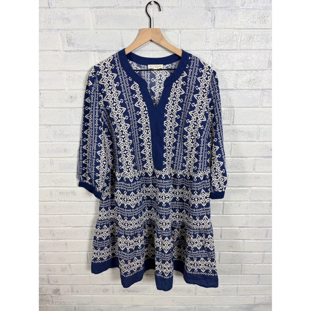Fig + Flower Boho Dress Womens 2X Blue White Tiered V Neck Geometric Print